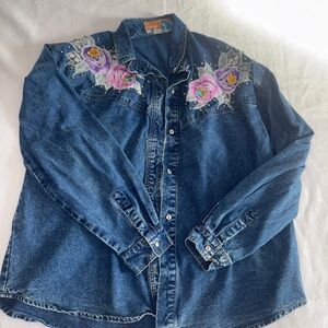Vintage Y2k  90s Embroidered Denim Shirt with Floral Design